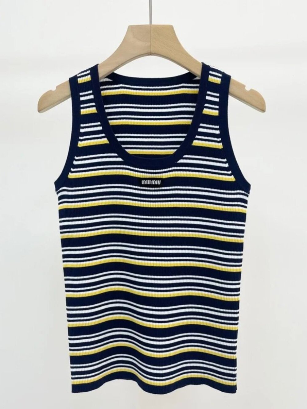 Miu Miu Navy Yellow White Striped Ribbed Tank Top Mini Logo U-Neck Sleeveless Ca